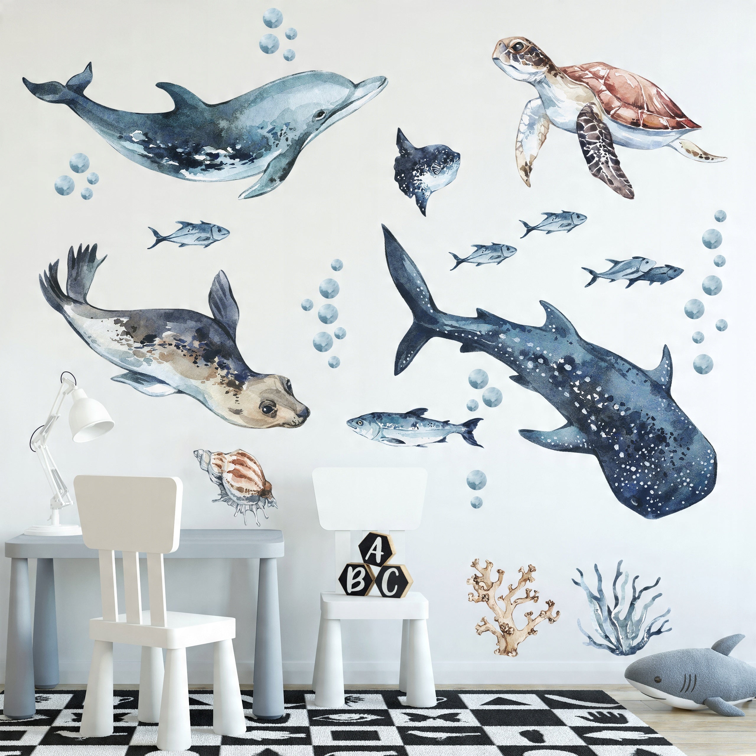 Sea Animals Variety Decal Set - Ocean Theme - Watercolour effect Dolphin, Shark, Turtle & Seal + more