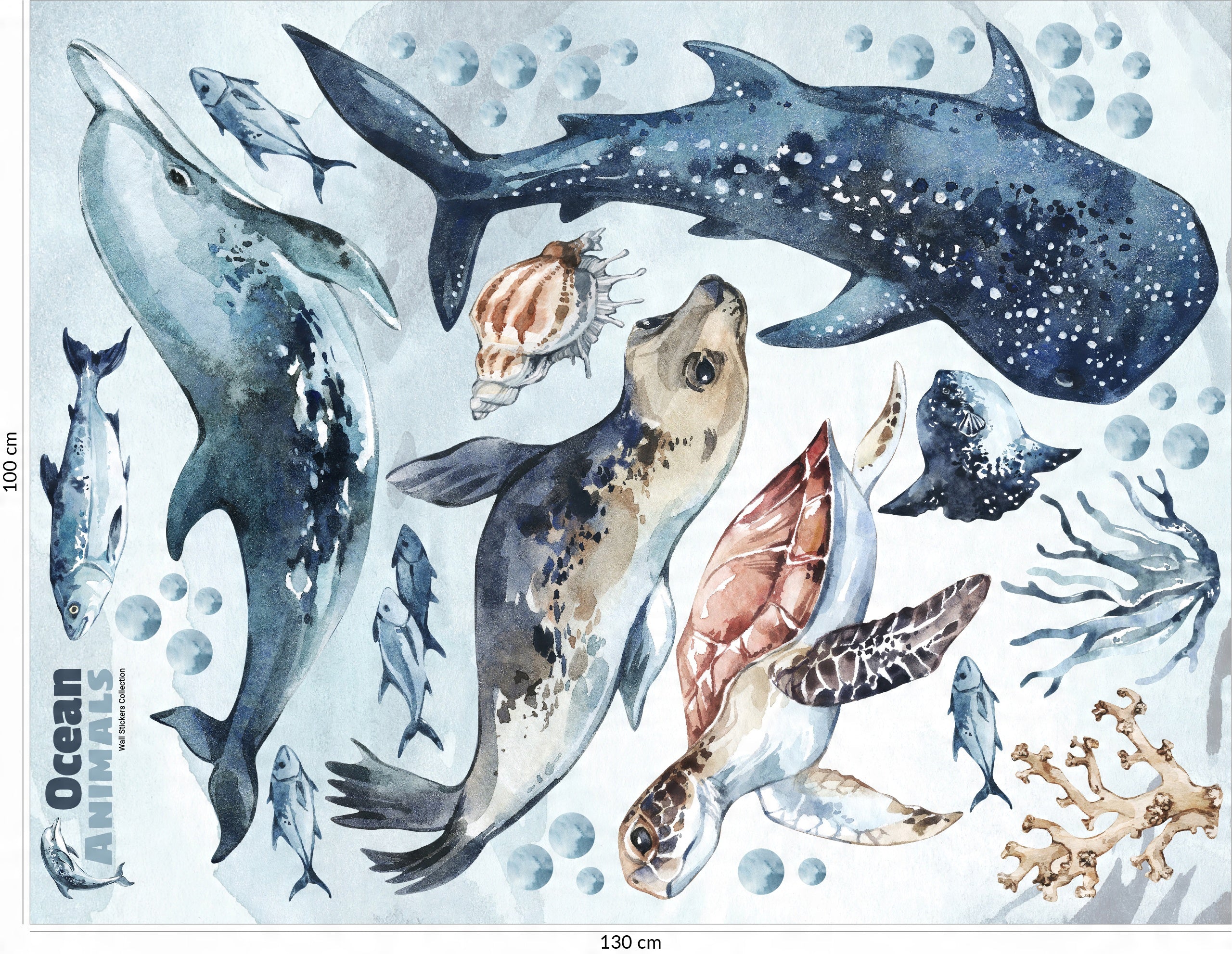 Sea Animals Variety Decal Set - Ocean Theme - Watercolour effect Dolphin, Shark, Turtle & Seal + more