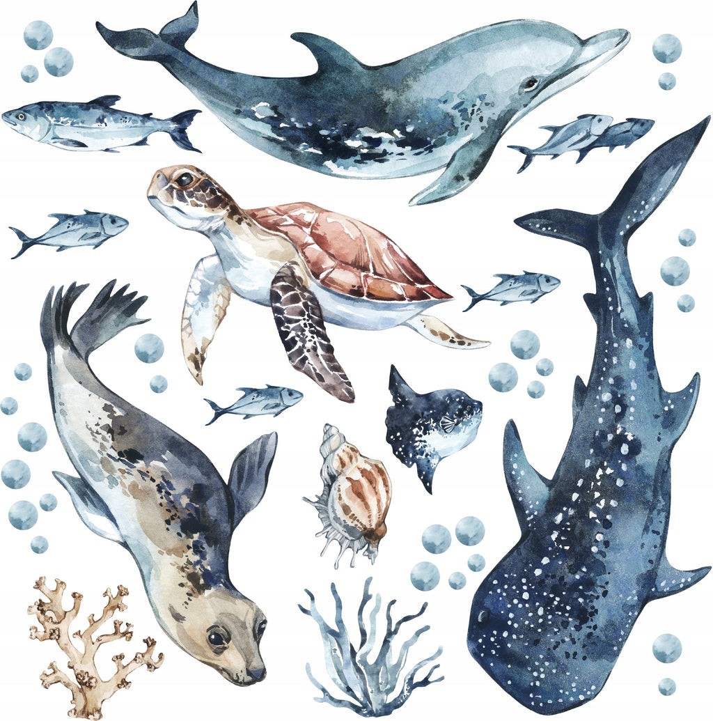 Sea Animals Variety Decal Set - Ocean Theme - Watercolour effect Dolphin, Shark, Turtle & Seal + more