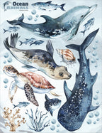 Sea Animals Variety Decal Set - Ocean Theme - Watercolour effect Dolphin, Shark, Turtle & Seal + more