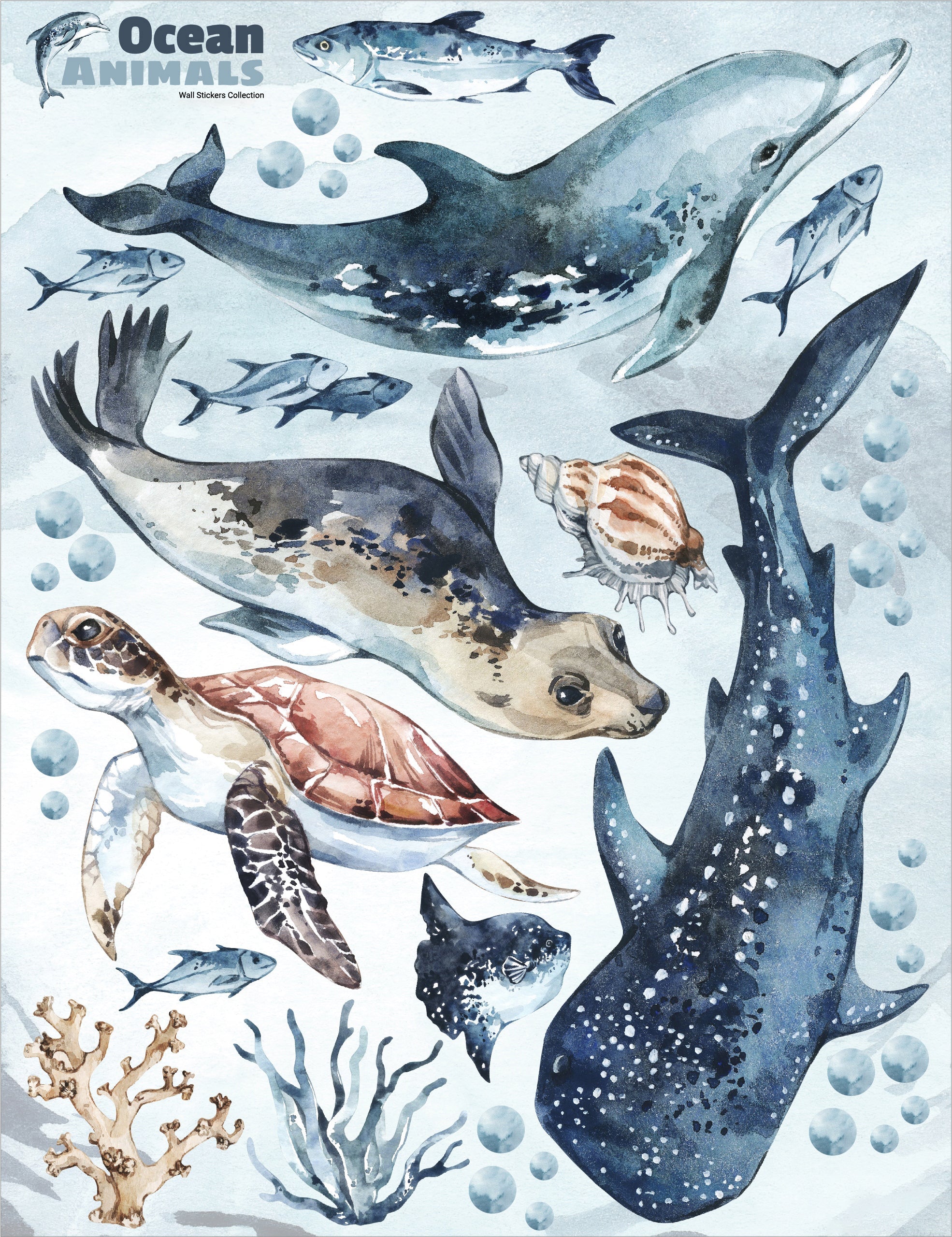 Sea Animals Variety Decal Set - Ocean Theme - Watercolour effect Dolphin, Shark, Turtle & Seal + more