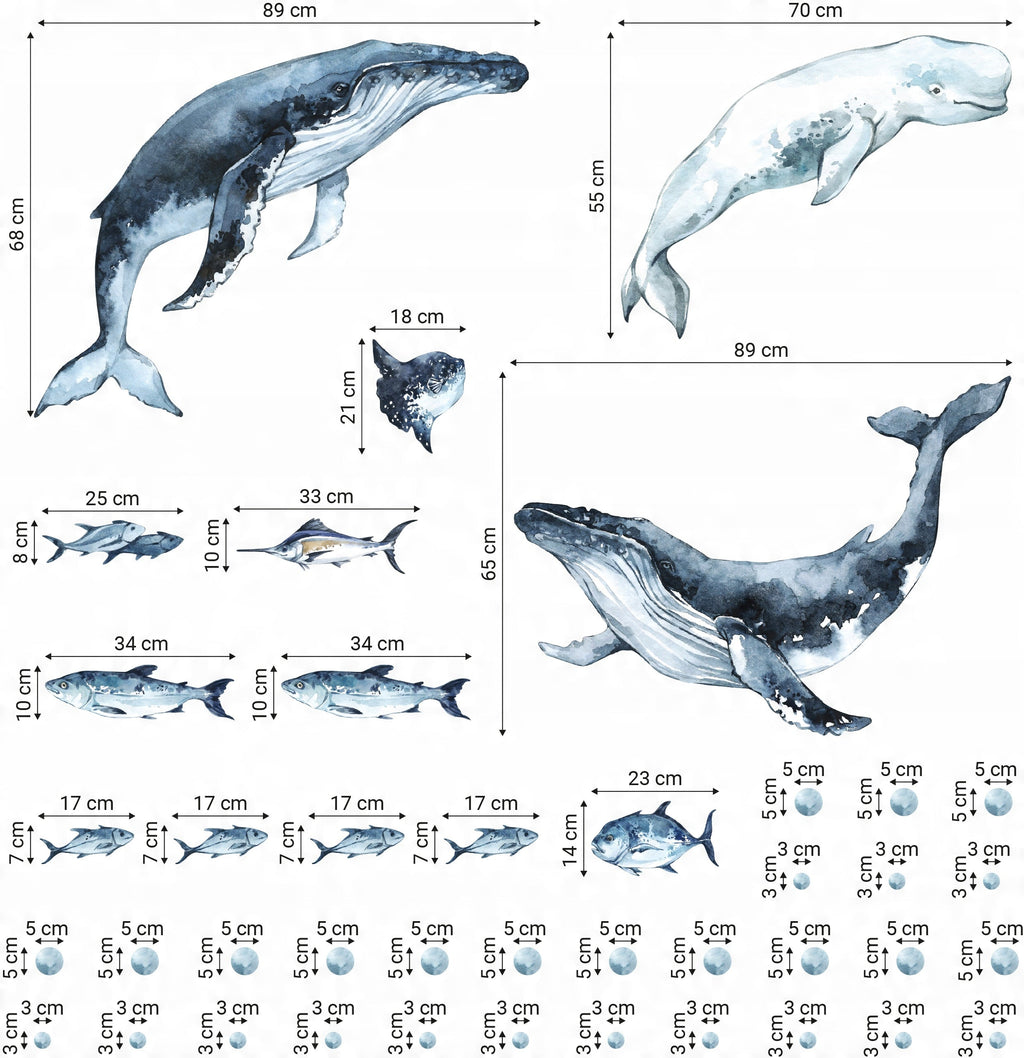 Whales & Fishes Decal Set - Ocean theme - Watercolour effect wall stickers