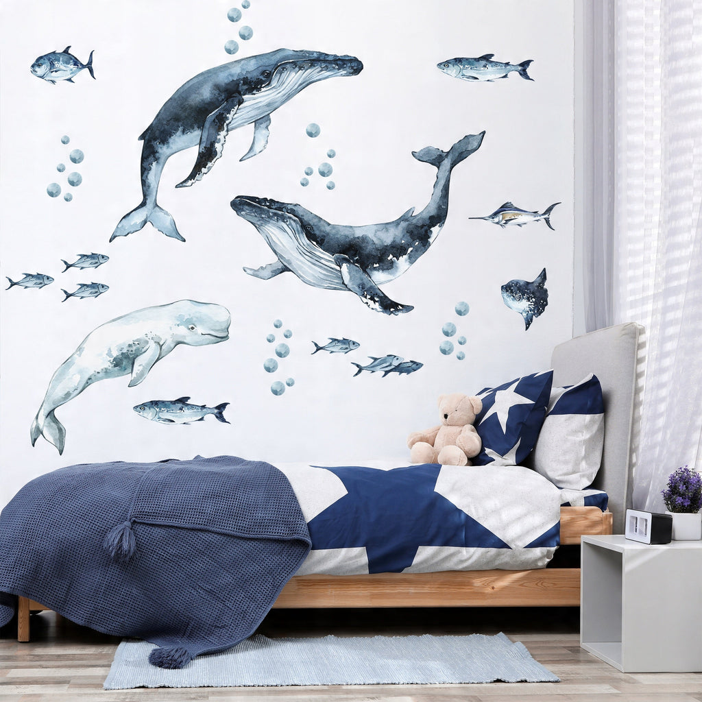Whales & Fishes Decal Set - Ocean theme - Watercolour effect wall stickers