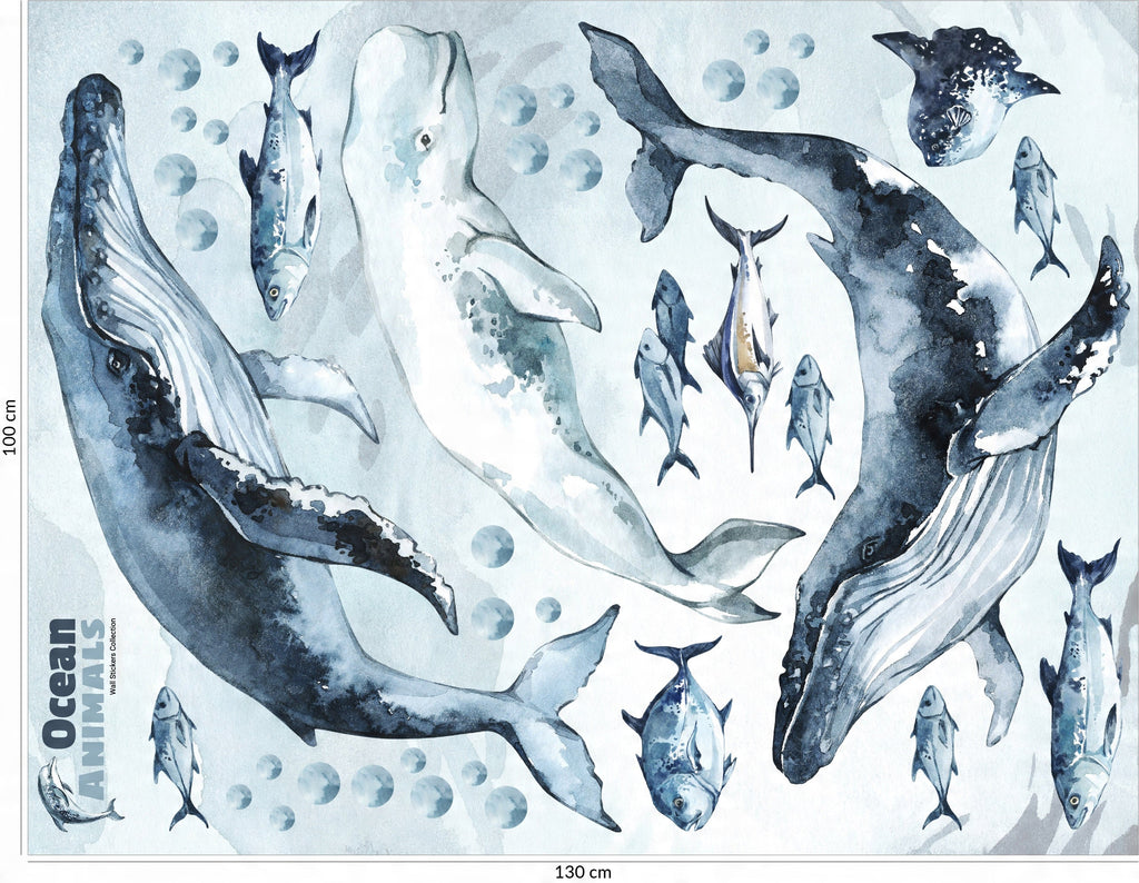 Whales & Fishes Decal Set - Ocean theme - Watercolour effect wall stickers