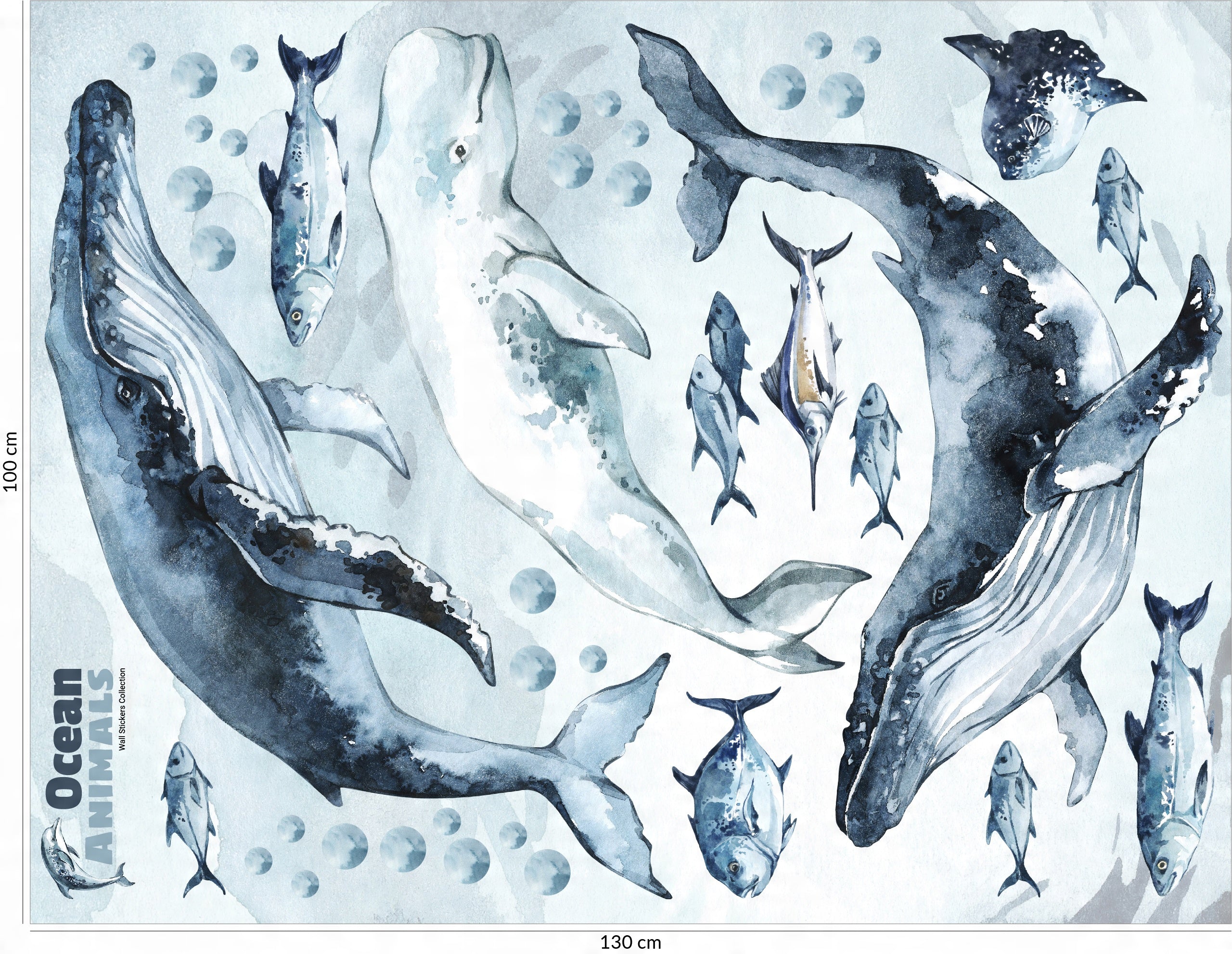 Whales & Fishes Decal Set - Ocean theme - Watercolour effect wall stickers