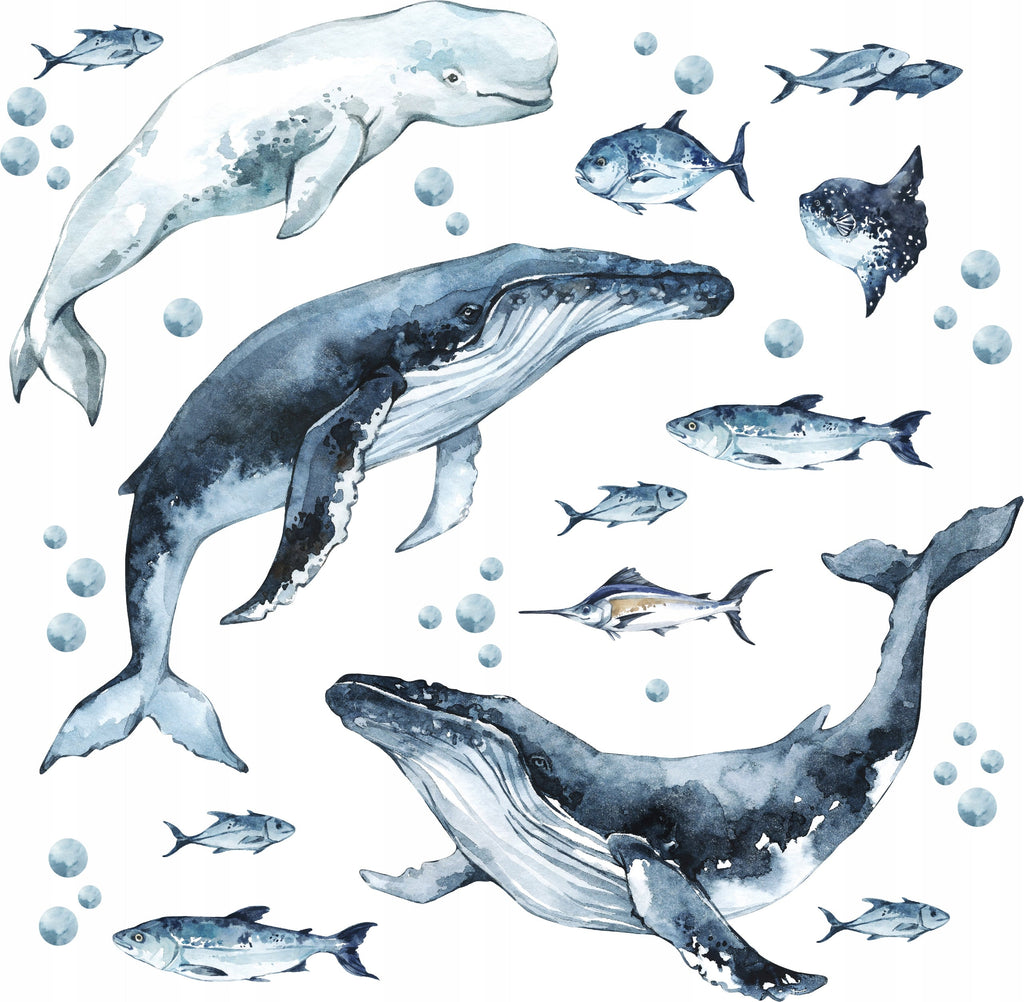 Whales & Fishes Decal Set - Ocean theme - Watercolour effect wall stickers