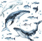 Whales & Fishes Decal Set - Ocean theme - Watercolour effect wall stickers