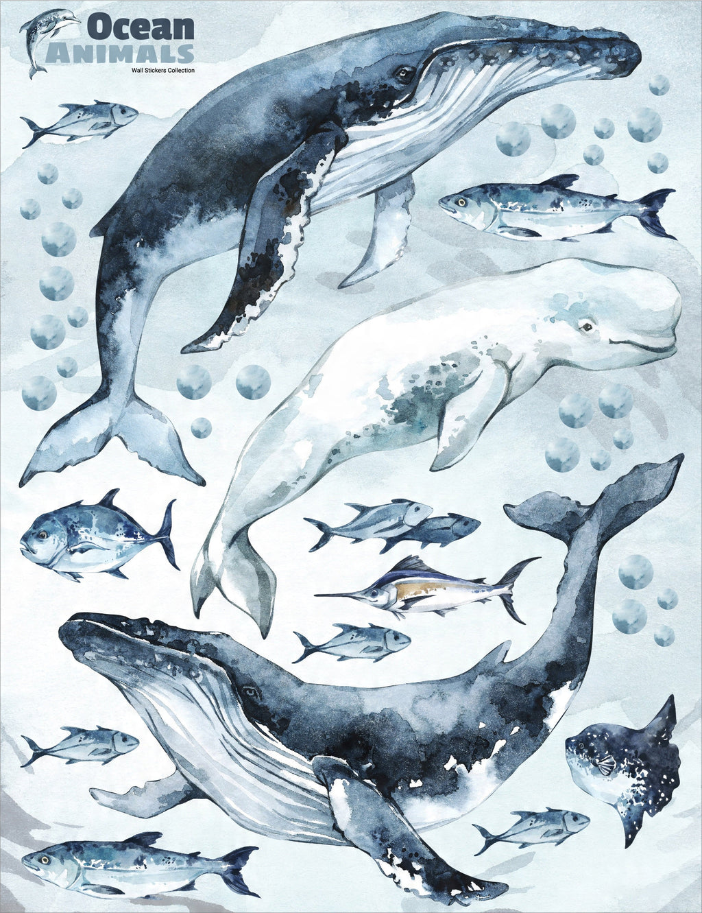 Whales & Fishes Decal Set - Ocean theme - Watercolour effect wall stickers