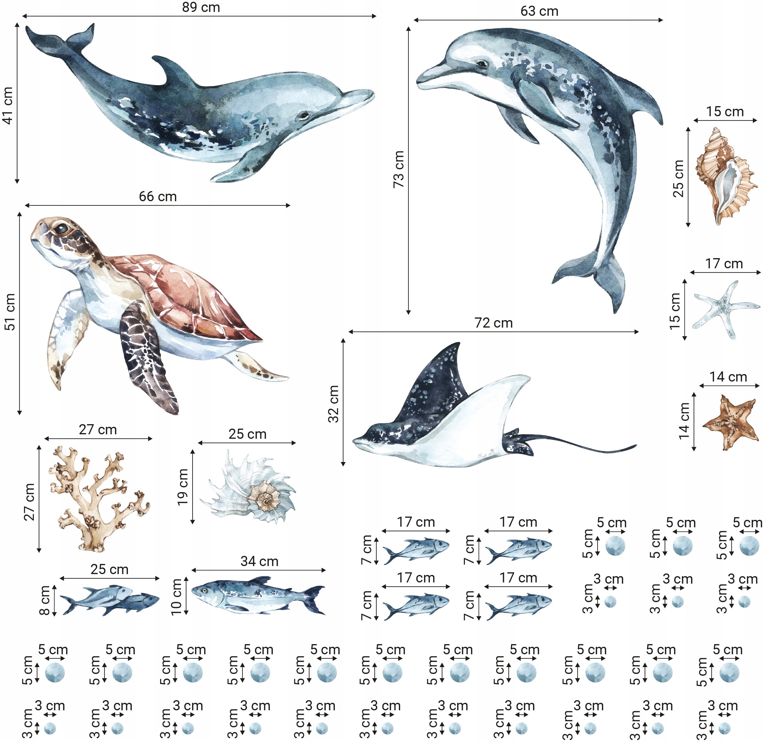 Dolphins & Turtle Decal Set - Ocean Theme - Watercolour Effect Stickers