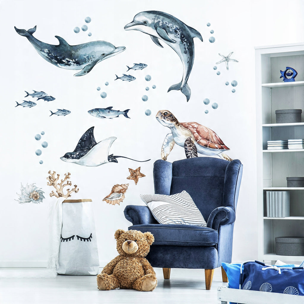 Dolphins & Turtle Decal Set - Ocean Theme - Watercolour Effect Stickers