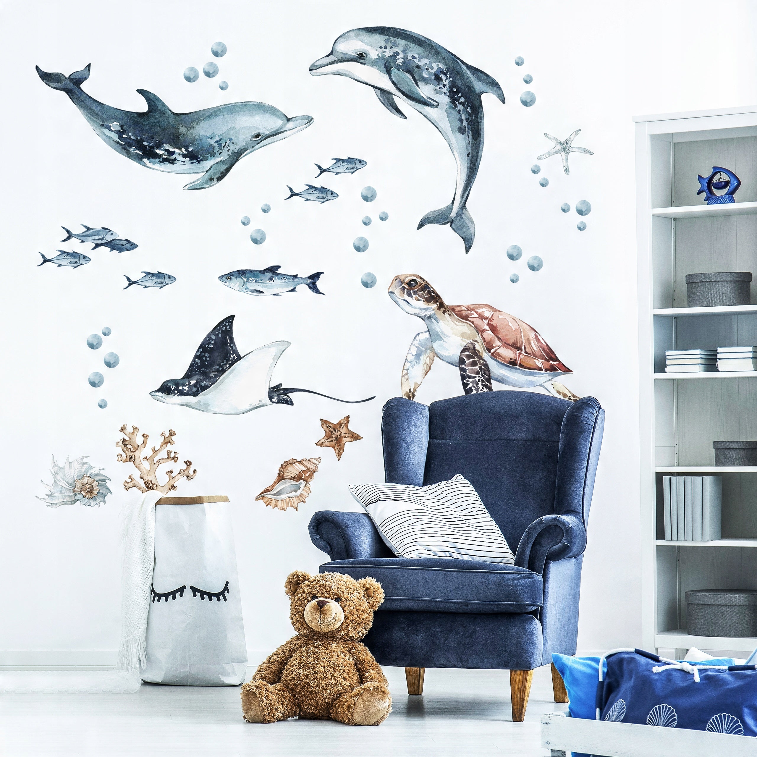 Dolphins & Turtle Decal Set - Ocean Theme - Watercolour Effect Stickers