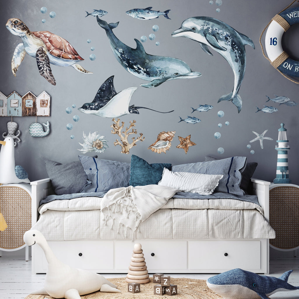 Dolphins & Turtle Decal Set - Ocean Theme - Watercolour Effect Stickers