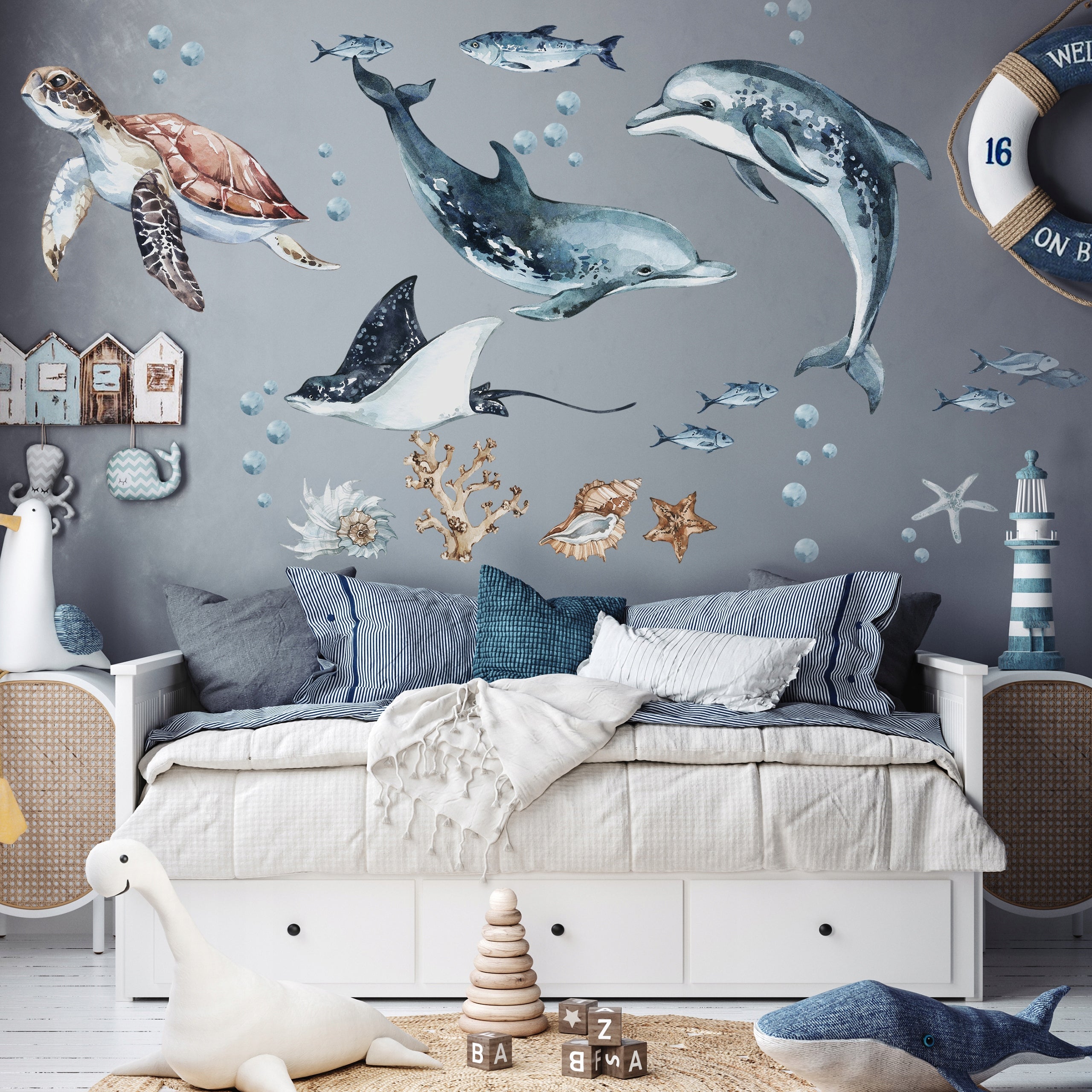 Dolphins & Turtle Decal Set - Ocean Theme - Watercolour Effect Stickers
