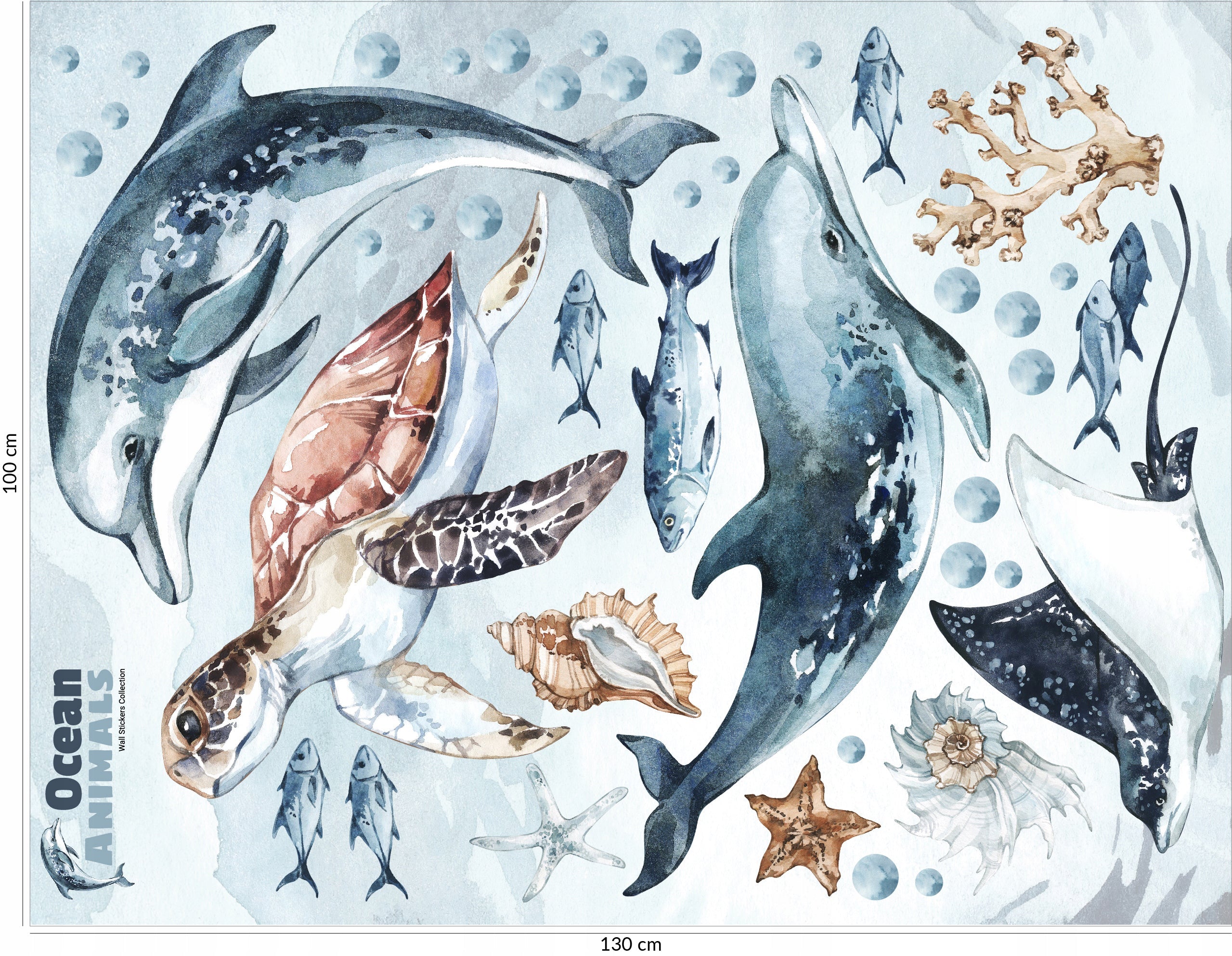 Dolphins & Turtle Decal Set - Ocean Theme - Watercolour Effect Stickers