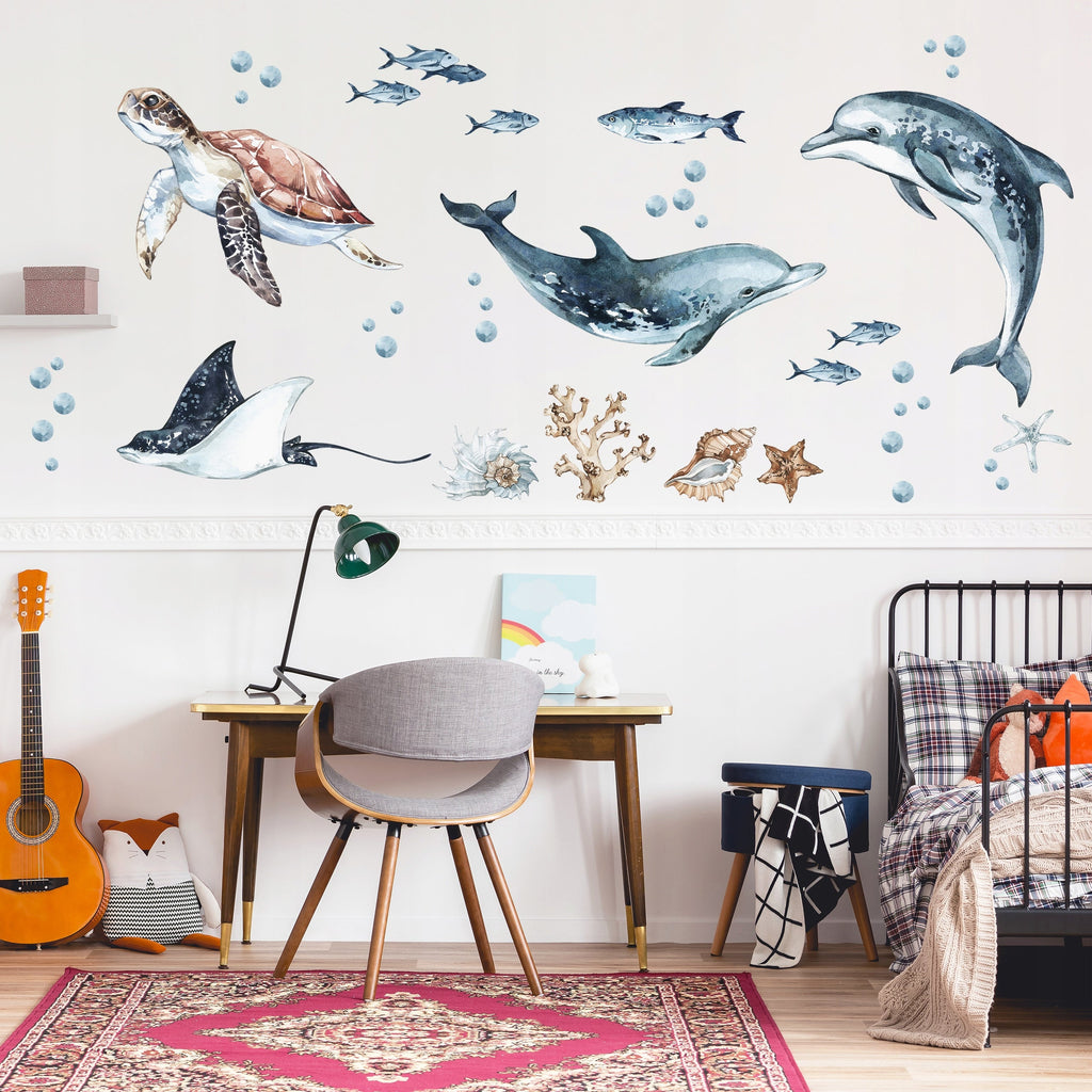Dolphins & Turtle Decal Set - Ocean Theme - Watercolour Effect Stickers