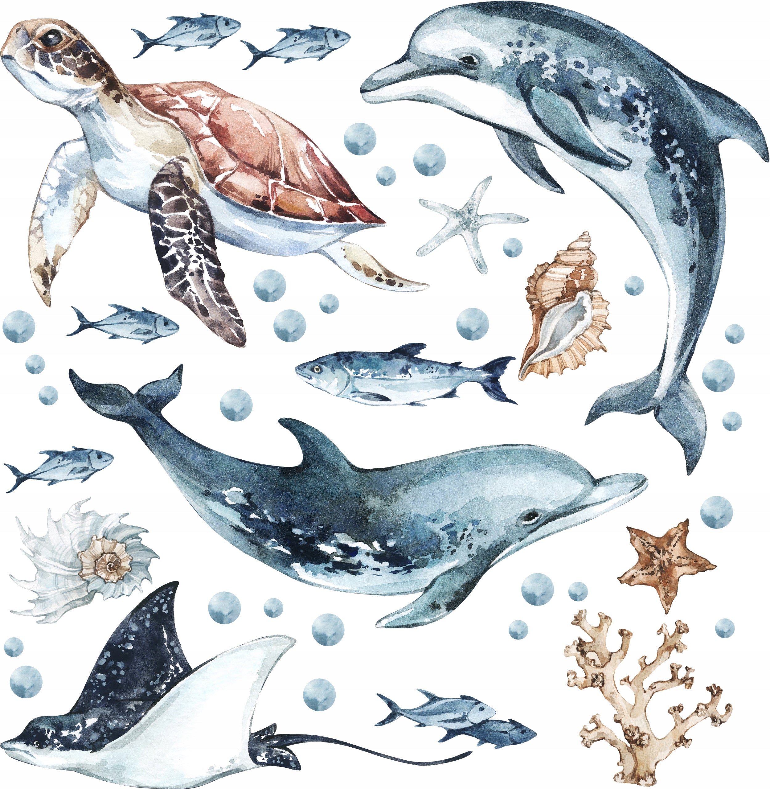 Dolphins & Turtle Decal Set - Ocean Theme - Watercolour Effect Stickers