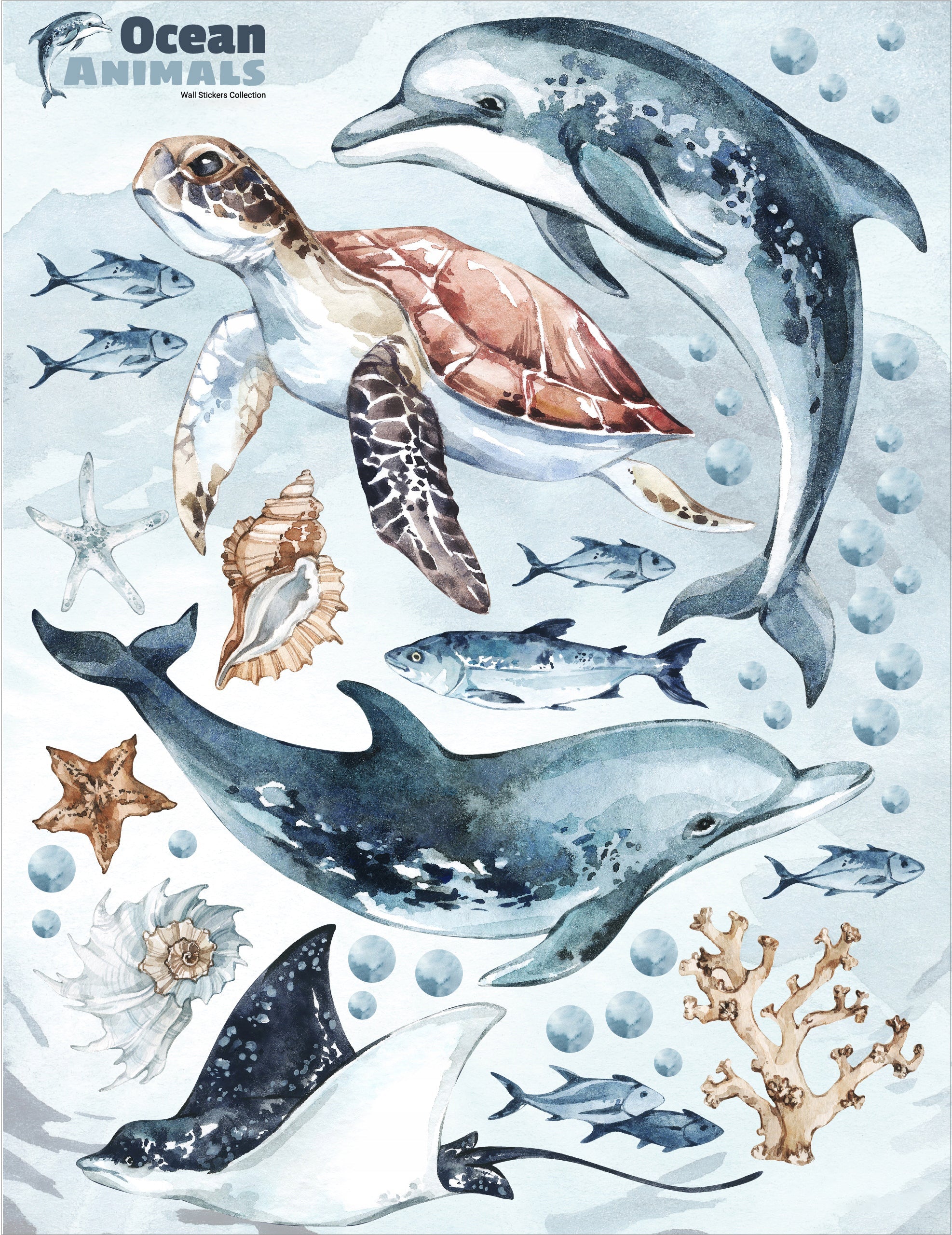 Dolphins & Turtle Decal Set - Ocean Theme - Watercolour Effect Stickers