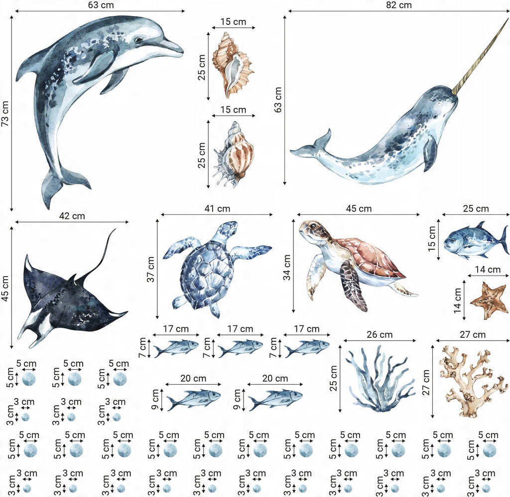 Ocean Decal Set - Dolphin, Narwhal, Stingray, Turtle + More - Watercolour Effect Stickers - Ocean Theme