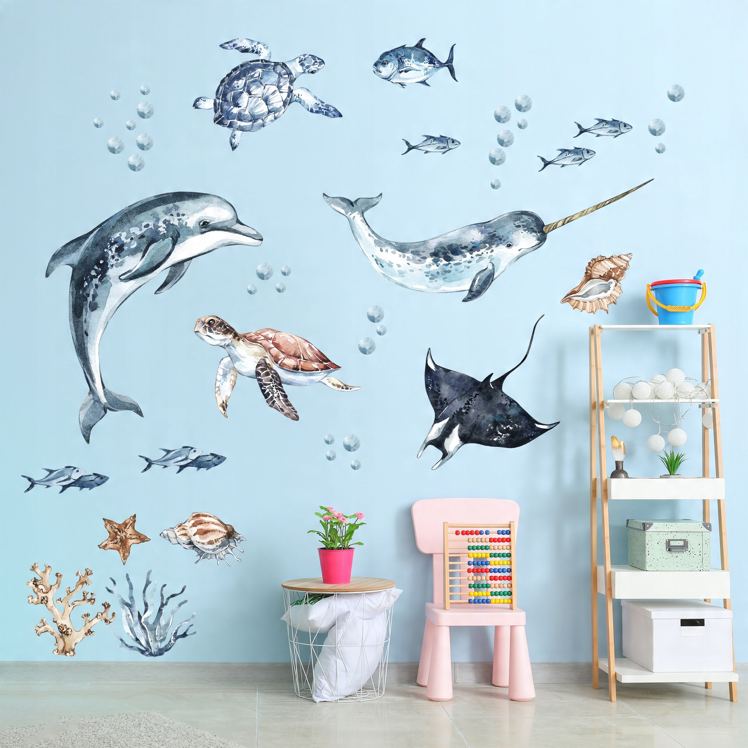 Ocean Decal Set - Dolphin, Narwhal, Stingray, Turtle + More - Watercolour Effect Stickers - Ocean Theme