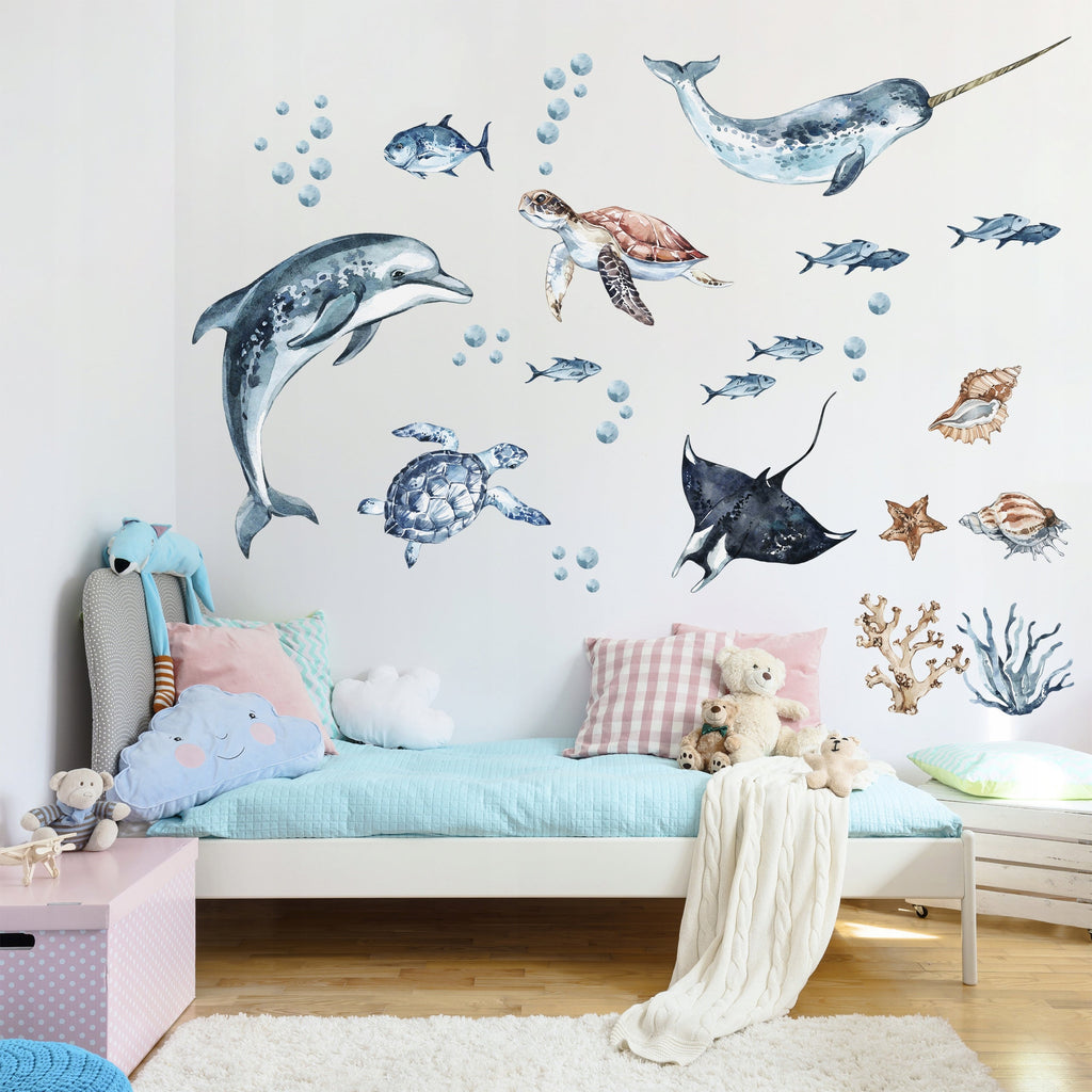 Ocean Decal Set - Dolphin, Narwhal, Stingray, Turtle + More - Watercolour Effect Stickers - Ocean Theme