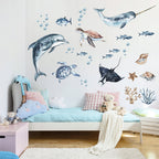Ocean Decal Set - Dolphin, Narwhal, Stingray, Turtle + More - Watercolour Effect Stickers - Ocean Theme