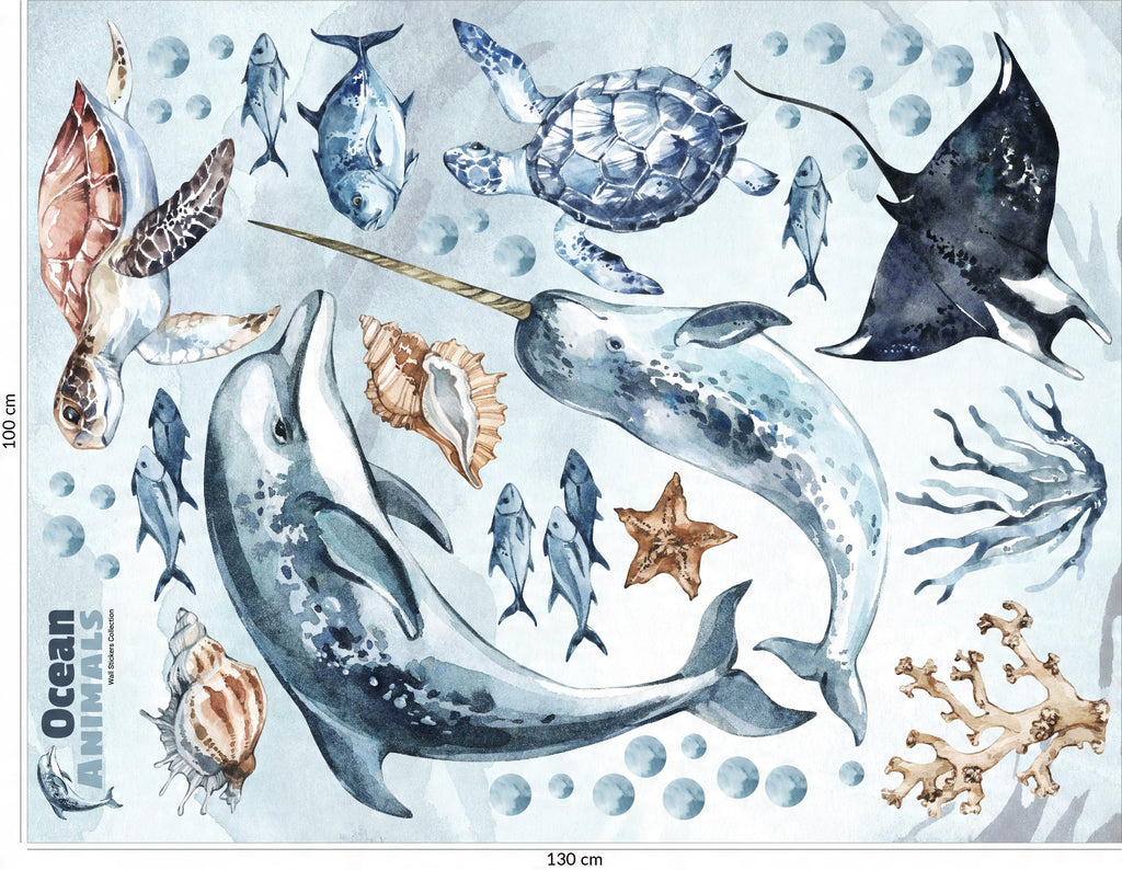 Ocean Decal Set - Dolphin, Narwhal, Stingray, Turtle + More - Watercolour Effect Stickers - Ocean Theme