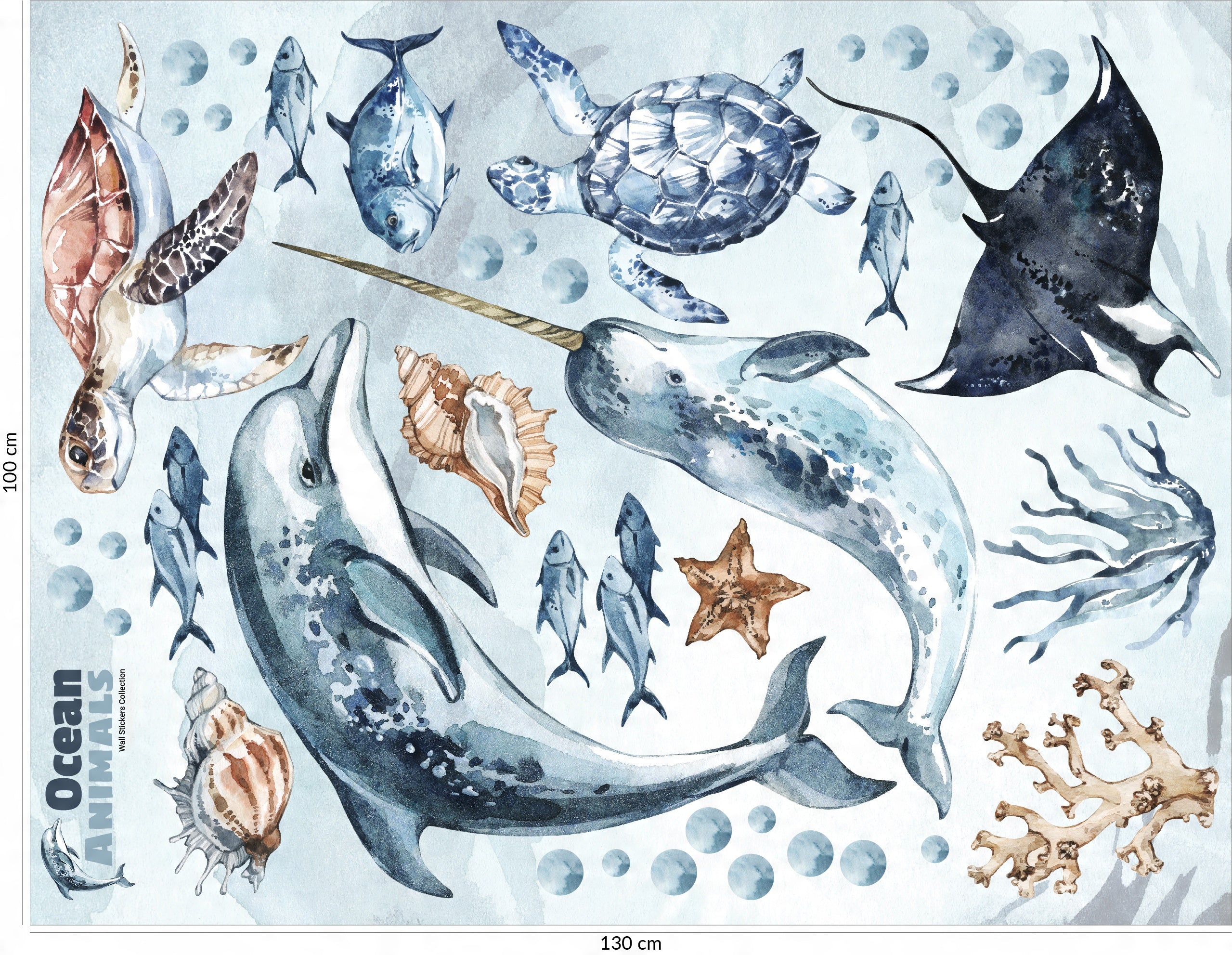 Ocean Decal Set - Dolphin, Narwhal, Stingray, Turtle + More - Watercolour Effect Stickers - Ocean Theme