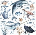 Ocean Decal Set - Dolphin, Narwhal, Stingray, Turtle + More - Watercolour Effect Stickers - Ocean Theme