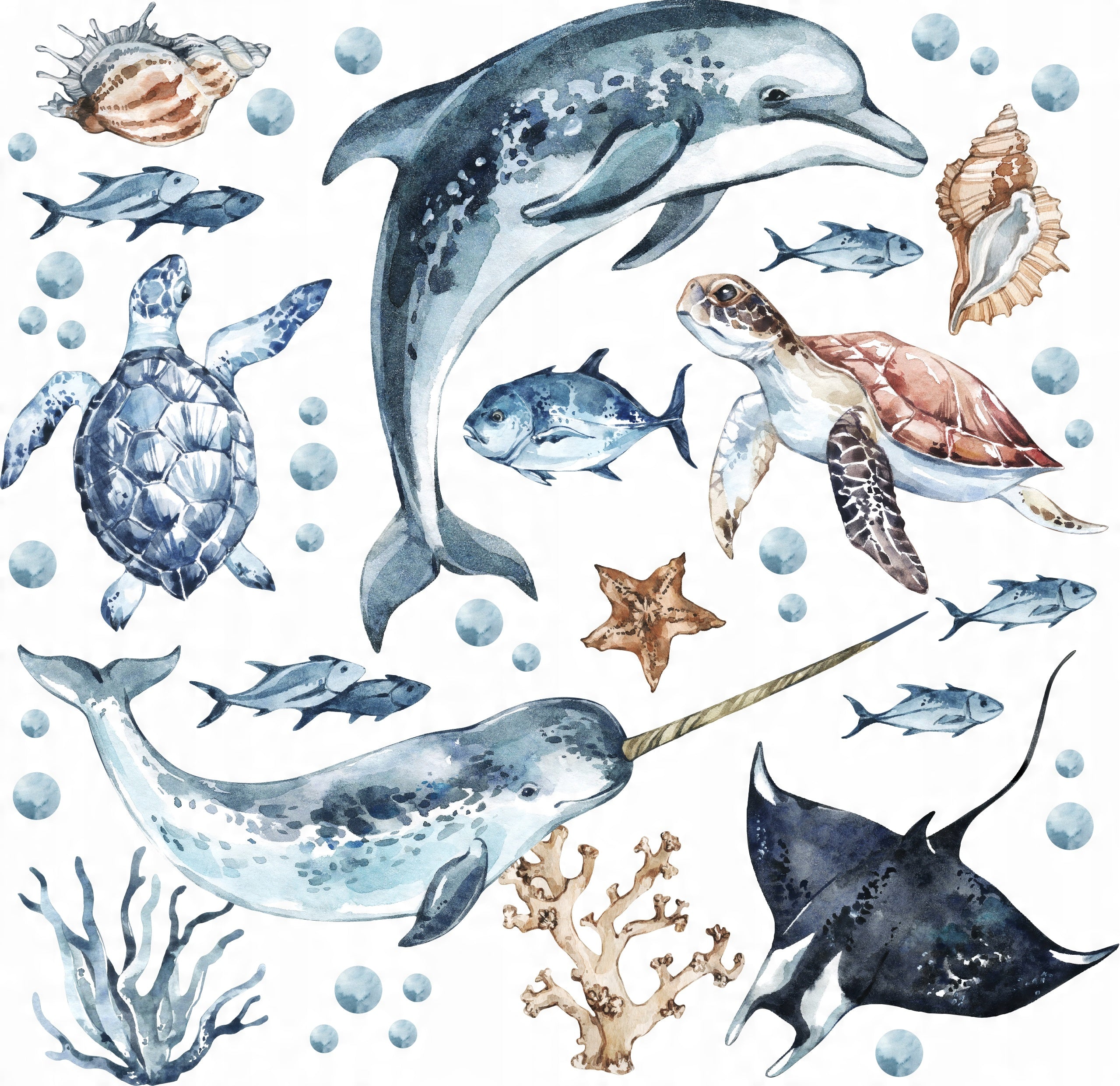 Ocean Decal Set - Dolphin, Narwhal, Stingray, Turtle + More - Watercolour Effect Stickers - Ocean Theme
