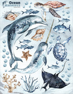 Ocean Decal Set - Dolphin, Narwhal, Stingray, Turtle + More - Watercolour Effect Stickers - Ocean Theme