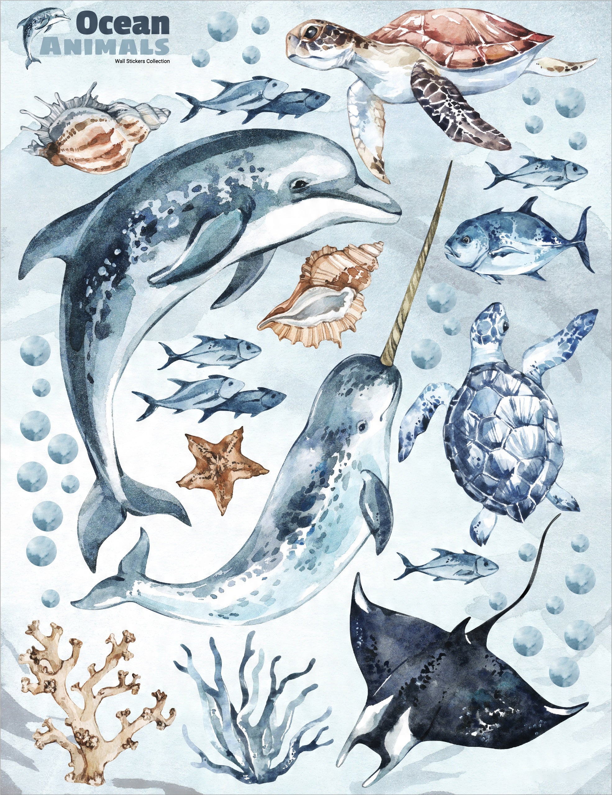 Ocean Decal Set - Dolphin, Narwhal, Stingray, Turtle + More - Watercolour Effect Stickers - Ocean Theme