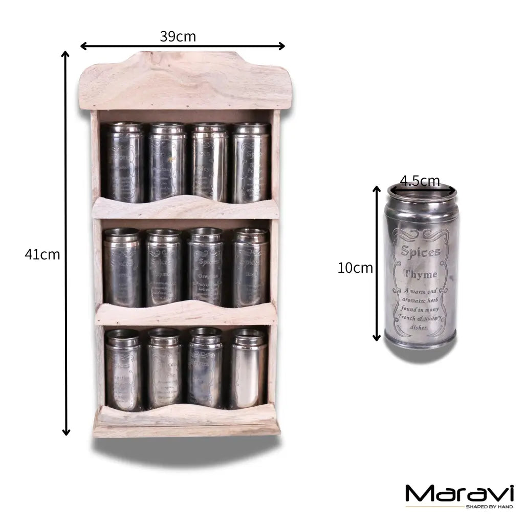 Namak Wooden Wall Mounted Spice Rack with 12 Metal Canisters