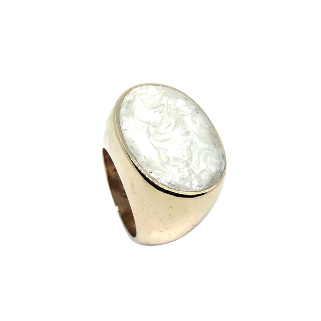 Cocktail Ring – One of a Kind – Handmade Bronze – Mother of Pearl Ceramic Enamel