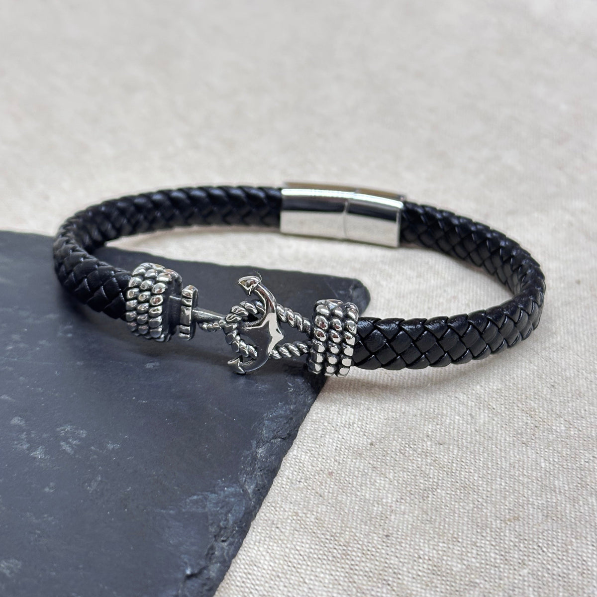 Personalised Men's Woven Leather Anchor Bracelet
