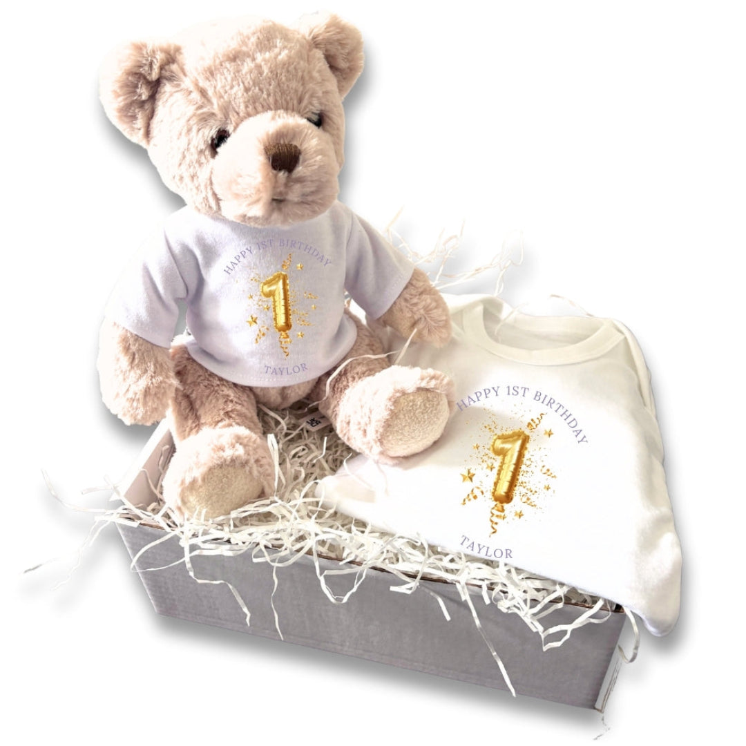 Personalised 1st Birthday Gold Balloon Gift Hamper Baby Gift Box - Teddy & Vest