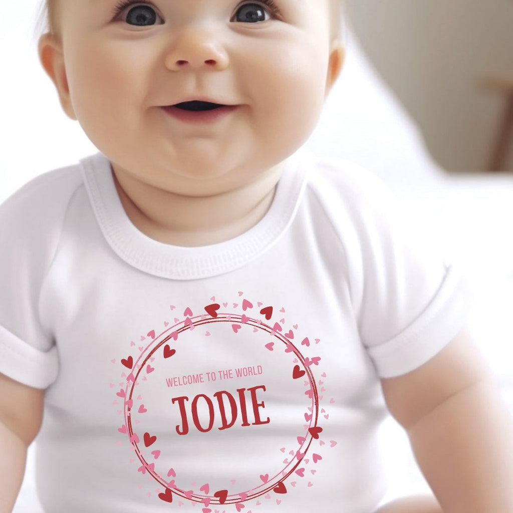 Personalised Pink & Red Hearts Baby Gift Box - Teddy & Vest