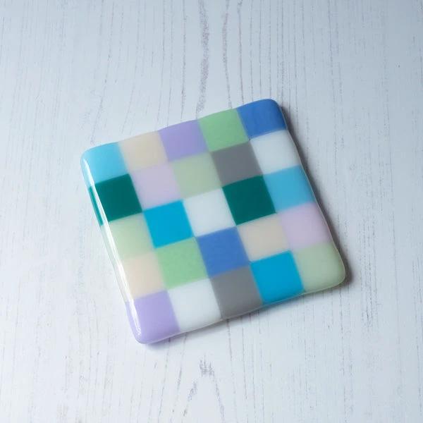 Fused Glass Coaster – Handmade Chequered Pastel Design by David Perry Glass & Ceramics (10cm-chequered-pastel-coaster-bullseye-collection)