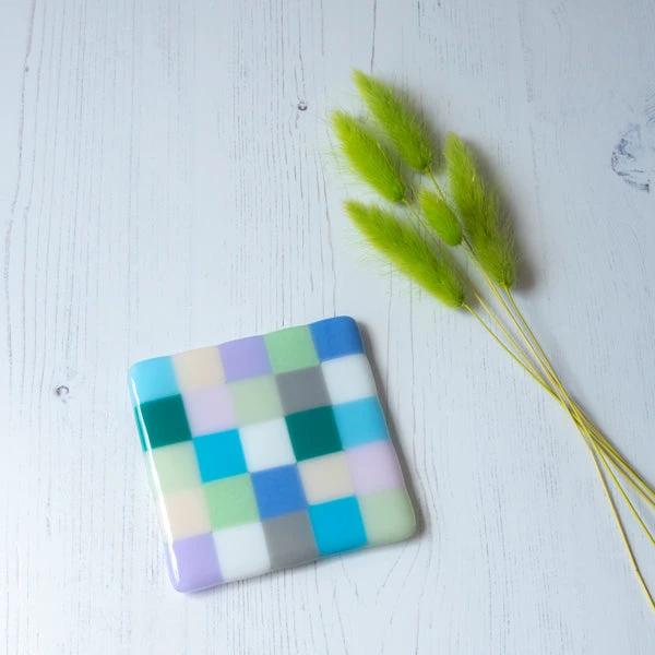 Fused Glass Coaster – Handmade Chequered Pastel Design by David Perry Glass & Ceramics (10cm-chequered-pastel-coaster-bullseye-collection)
