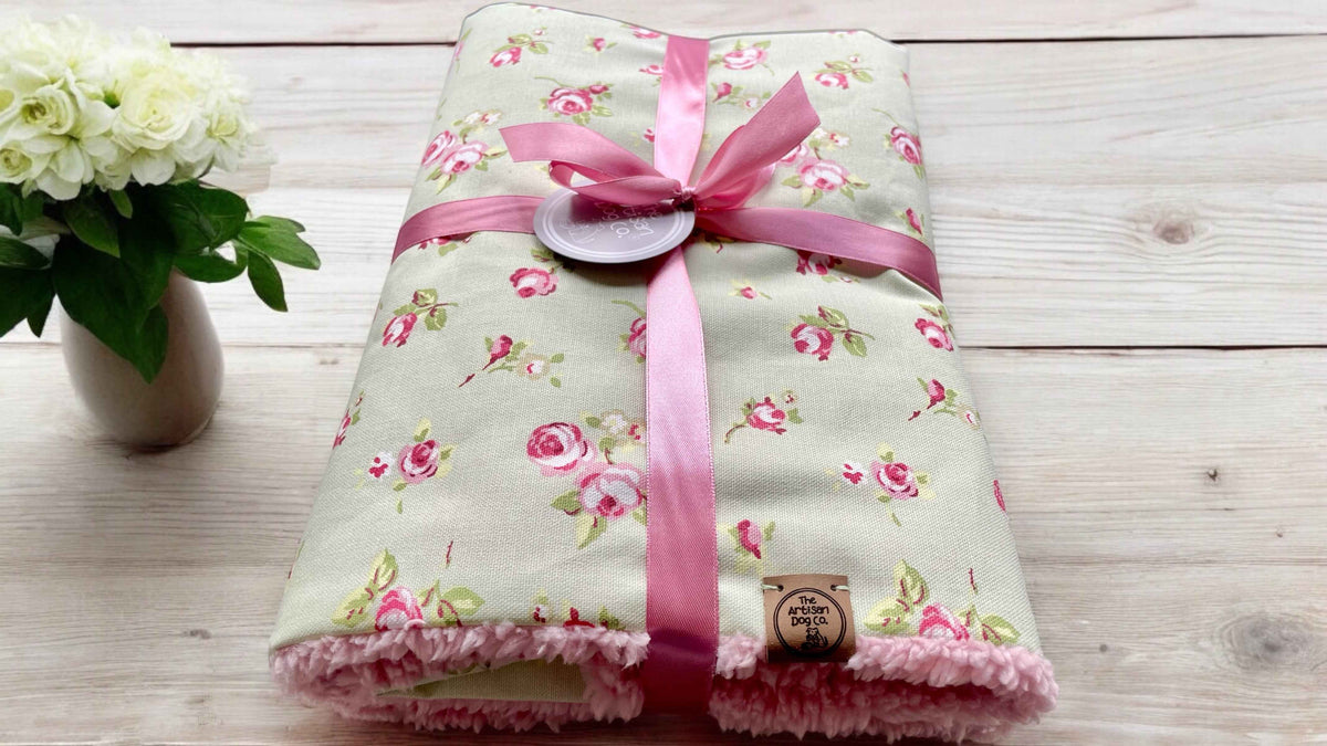 Dolly Floral Dog Blanket | Luxury Handmade Reversible Sherpa Throw | Seasonal Pet Blanket UK | Customisable