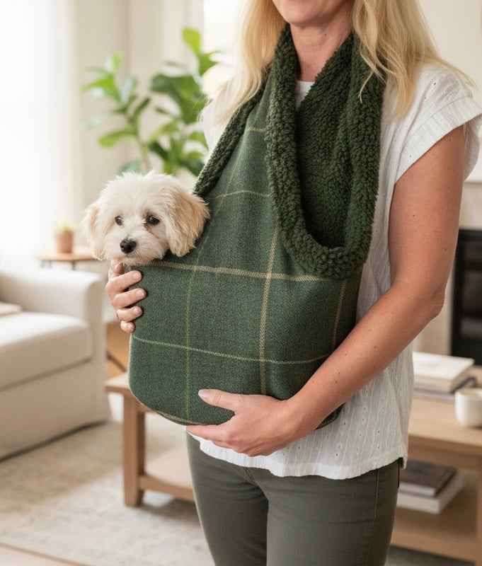 Handcrafted, luxury puppy/small dog carrier/sling - Forest Green Check - The Arlo Collection