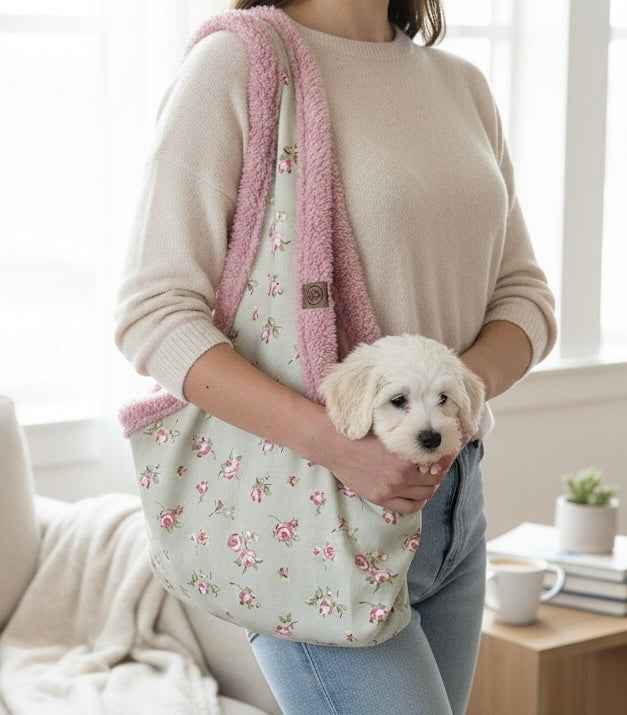 Handcrafted, luxury puppy/small dog carrier/sling - Dolly Floral Fabric