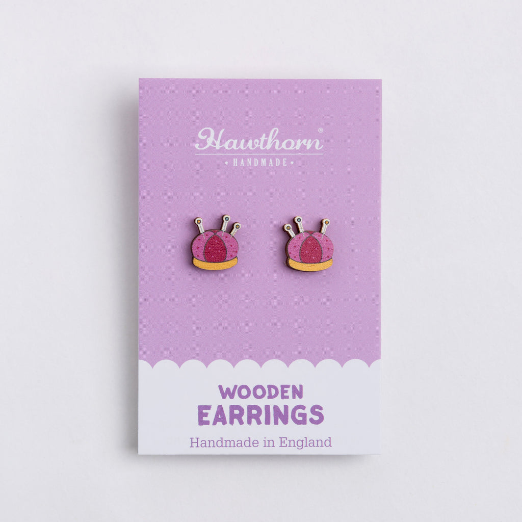 Pincushion Wooden Earrings  - Sewing Gift
