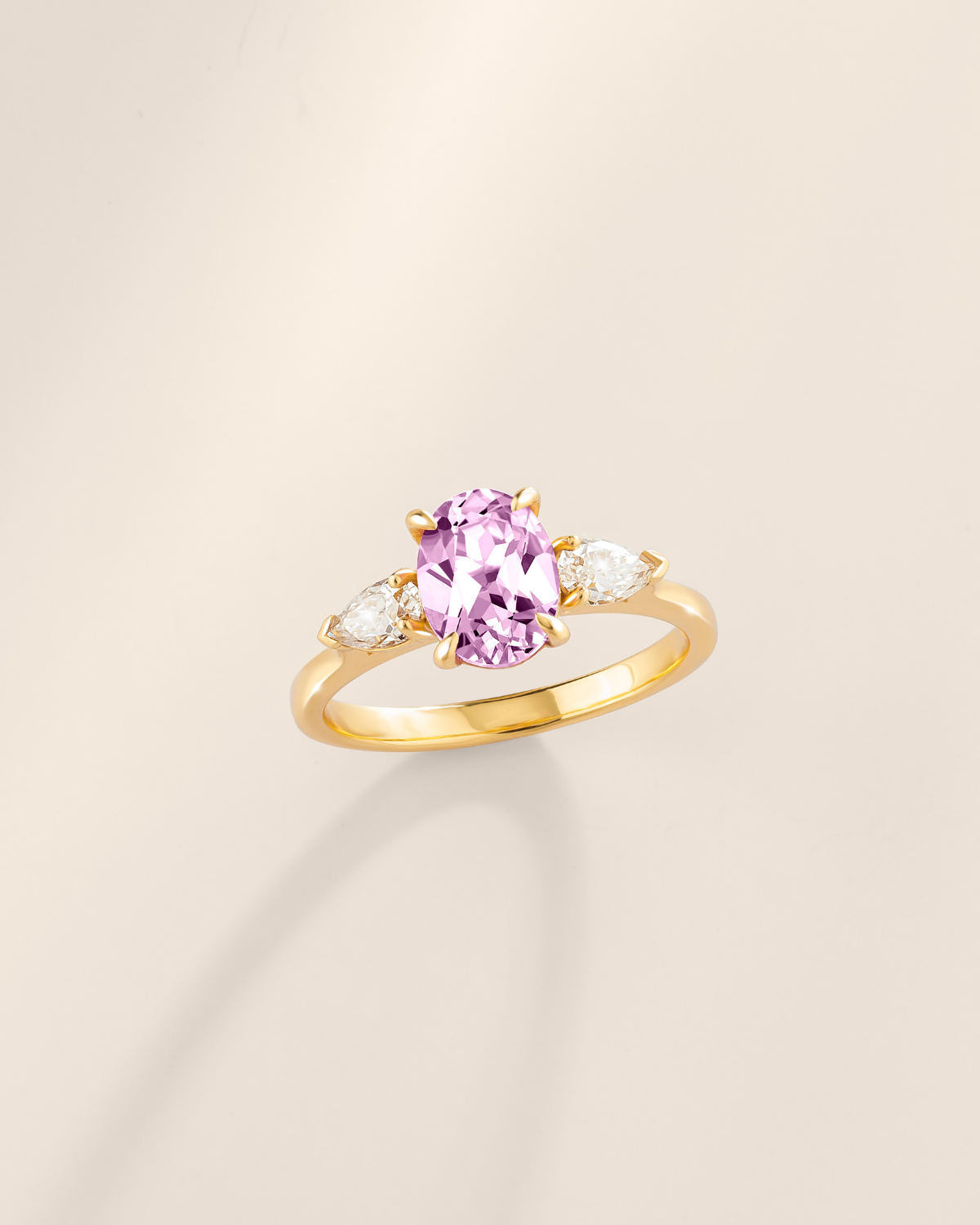 Pink Sapphire Oval Cut Three Stone Engagement Ring in 18k Gold Vermeil