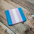 Transgender Flag Coaster – Handmade Fused Glass Pride Coaster by David Perry Glass & Ceramics (10cm-transgender-flag-coaster-bullseye-collection)