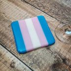 Transgender Flag Coaster – Handmade Fused Glass Pride Coaster by David Perry Glass & Ceramics (10cm-transgender-flag-coaster-bullseye-collection)