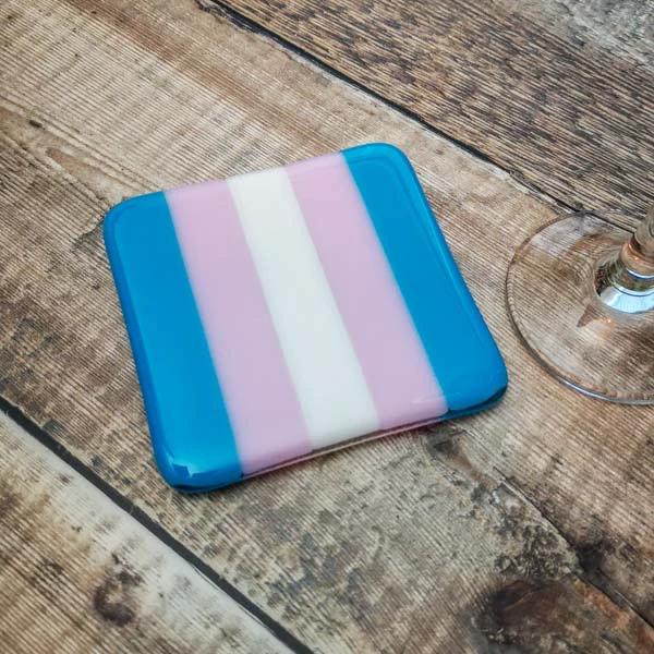 Transgender Flag Coaster – Handmade Fused Glass Pride Coaster by David Perry Glass & Ceramics (10cm-transgender-flag-coaster-bullseye-collection)