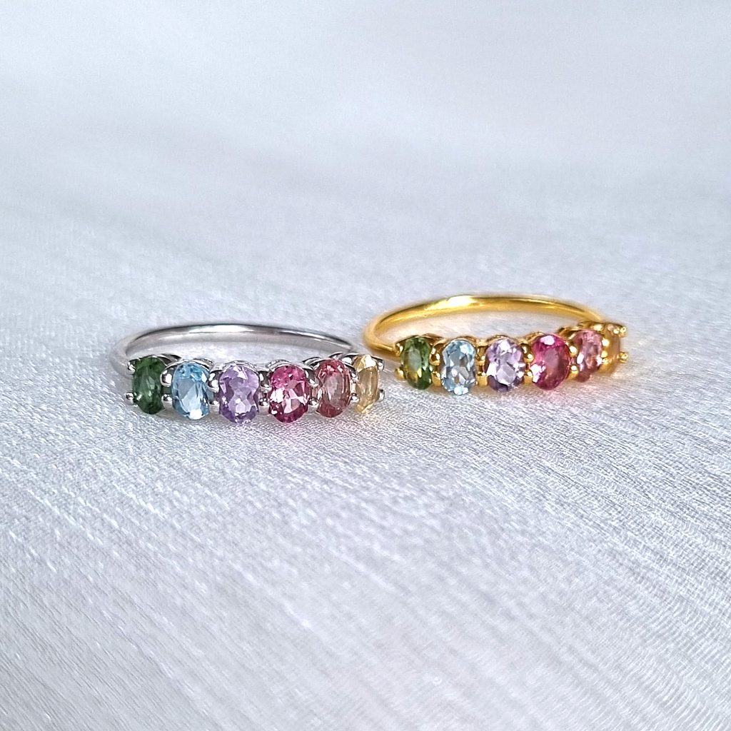 Rainbow Multicoloured Gemstone Half Eternity Ring in Sterling Silver