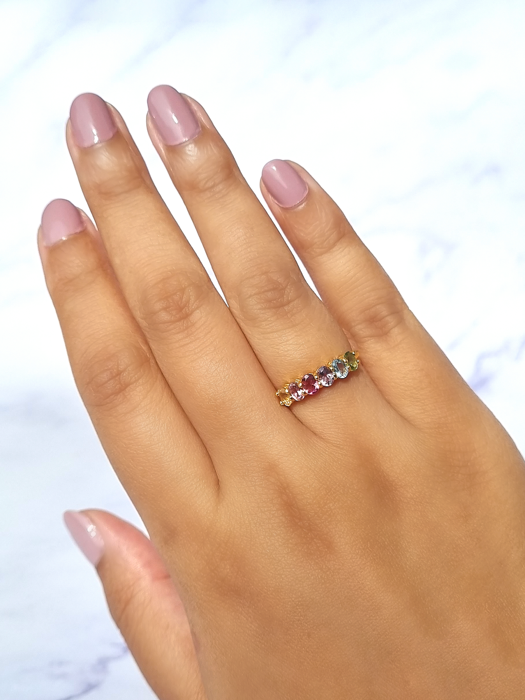 Rainbow Multicoloured Gemstone Half Eternity Ring in 18k Gold Vermeil