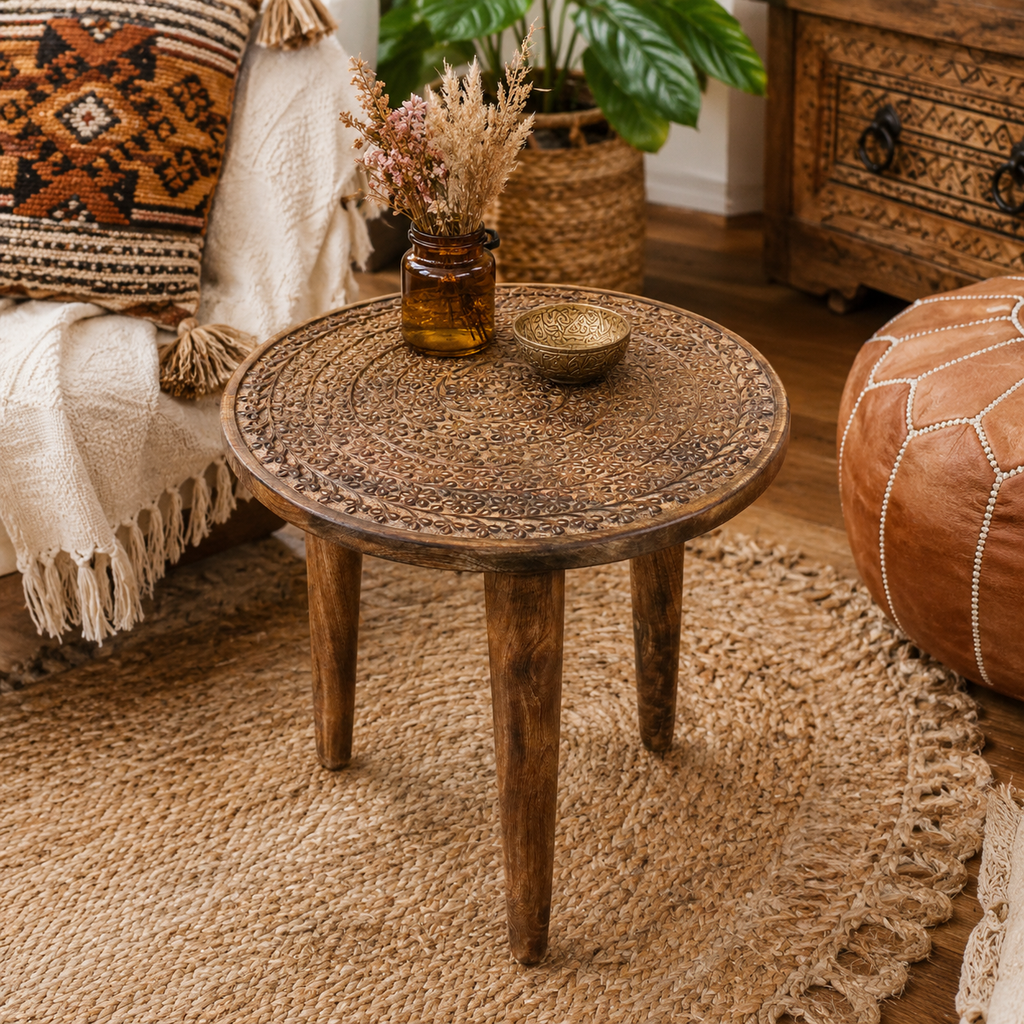Rawlan Carved Wooden Side Table Burnt Finish