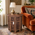 Rengali Large Mango Wood Side Table Leaf Carving